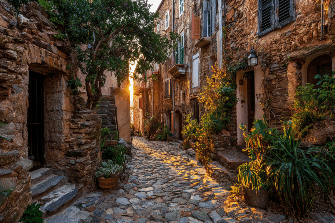 Ruelles pavées d’un village corse perché au coucher du soleil, sous une lumière dorée et chaleureuse.