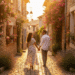 Couple marchant main dans la main dans un village provençal ensoleillé, symbole du charme authentique des séjours Sowell en France.