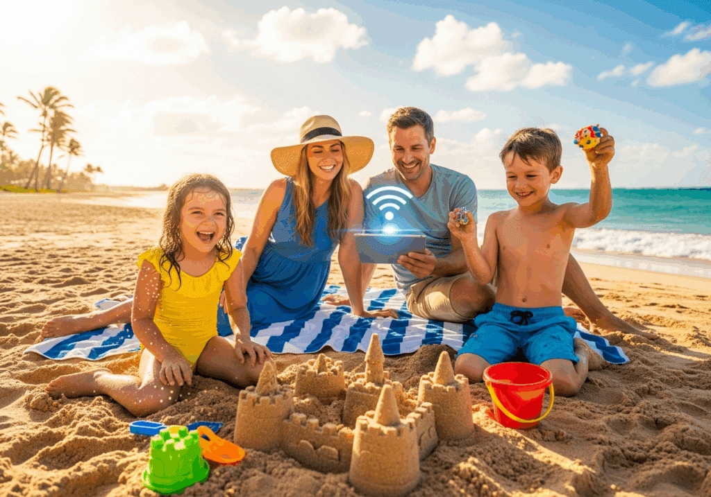 Famille sur une plage utilisant une tablette avec symbole de connexion, illustrant la simplicité de l’eSIM GigSky pour voyager connecté en vacances.