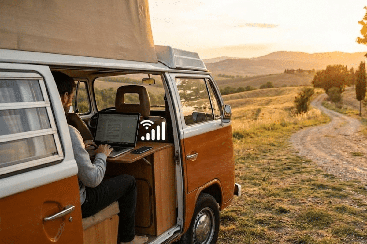 Travailleur nomade à bord de son van avec une connexion Internet à partir d'un eSIM