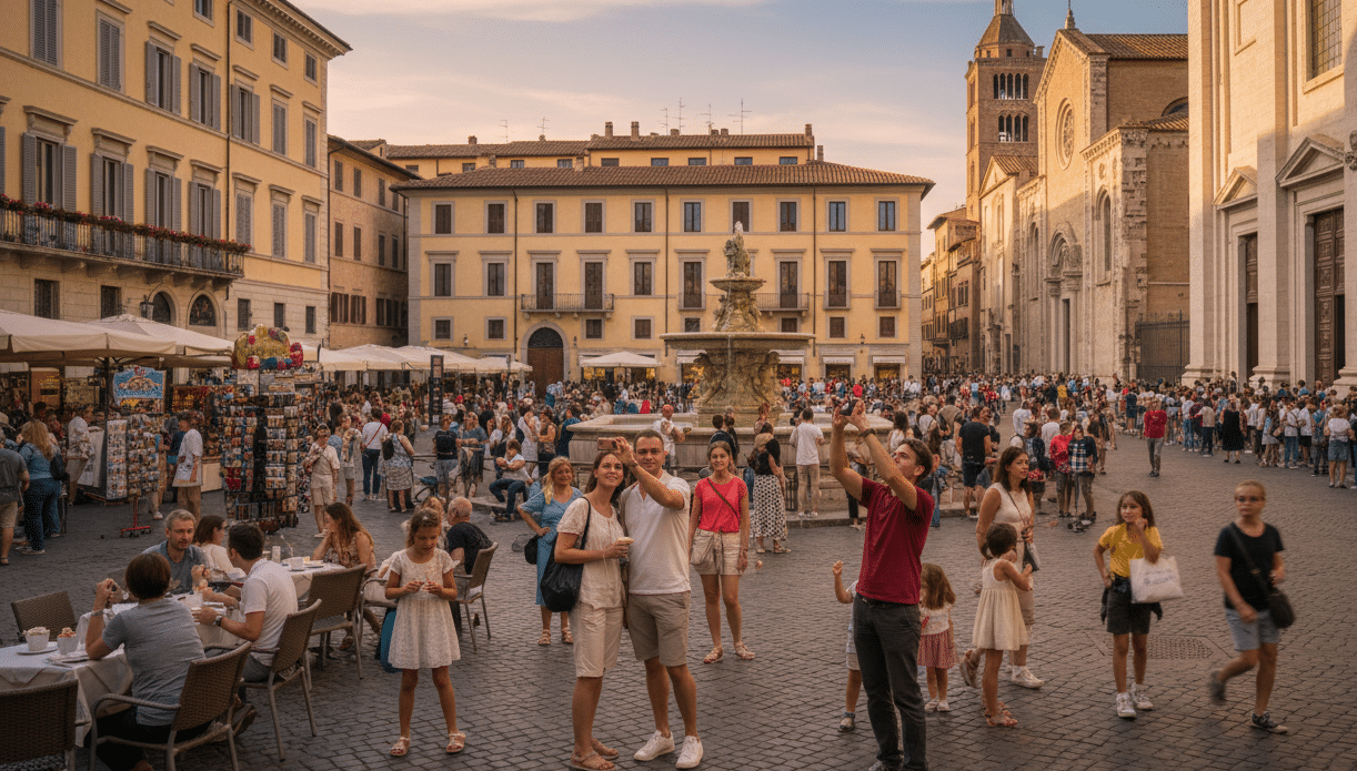 Des touristes sur une place publique
