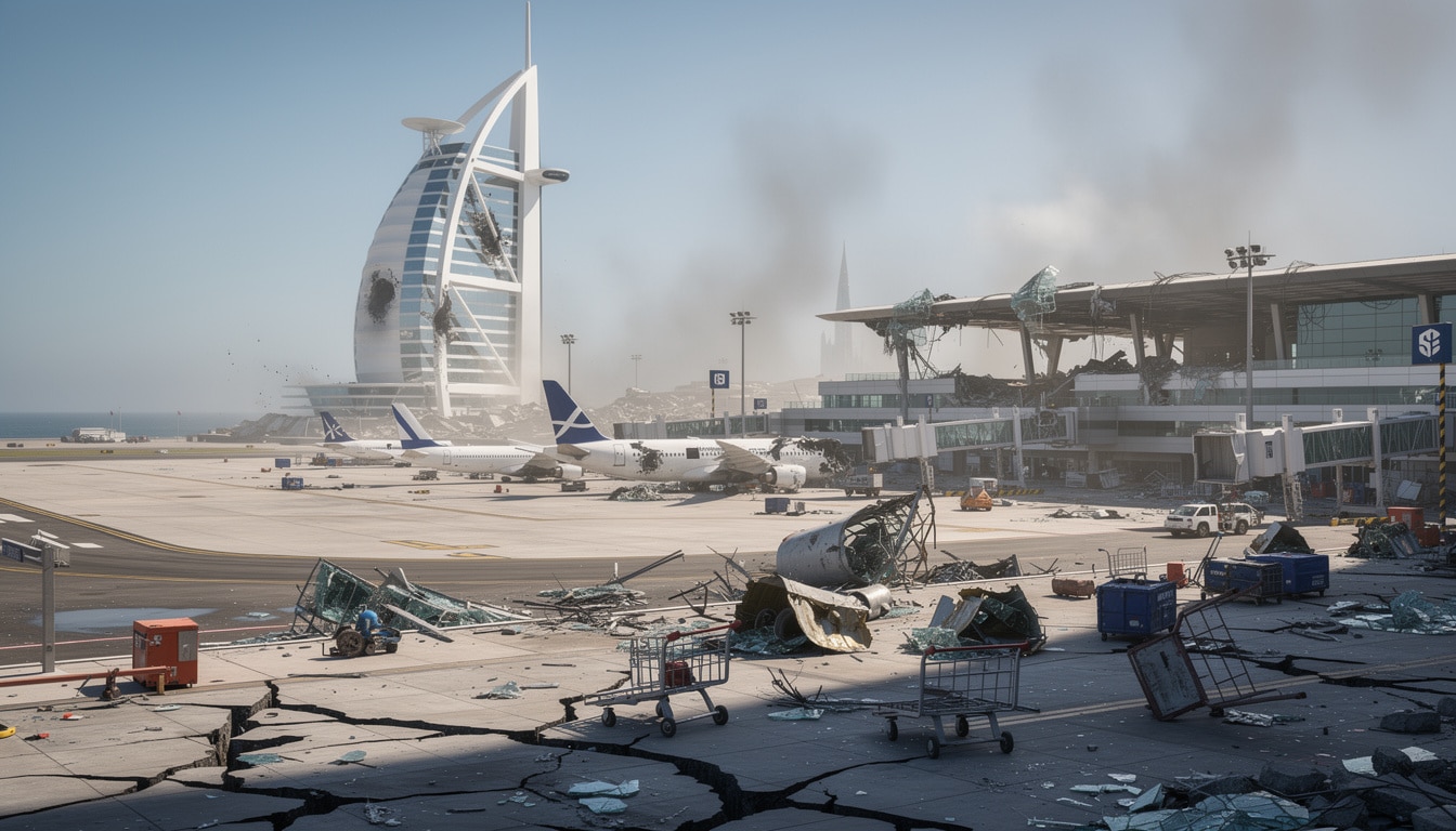 des débris de drones iraniens ont frappé l'aéroport de dubaï et l'hôtel emblématique burj al arab, provoquant inquiétude et perturbations dans la région.